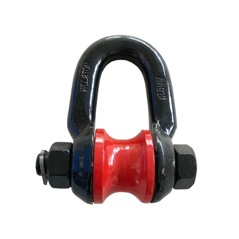 Heavy duty bow shackle with a red rotating roller and black body on white background