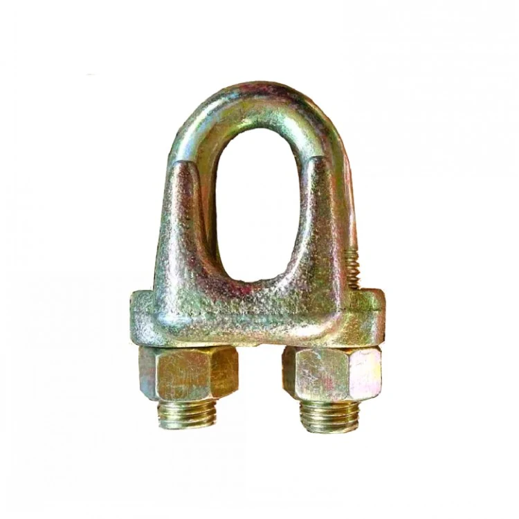 U-shaped wire rope clip with yellow zinc finish and two hex nuts on a white background