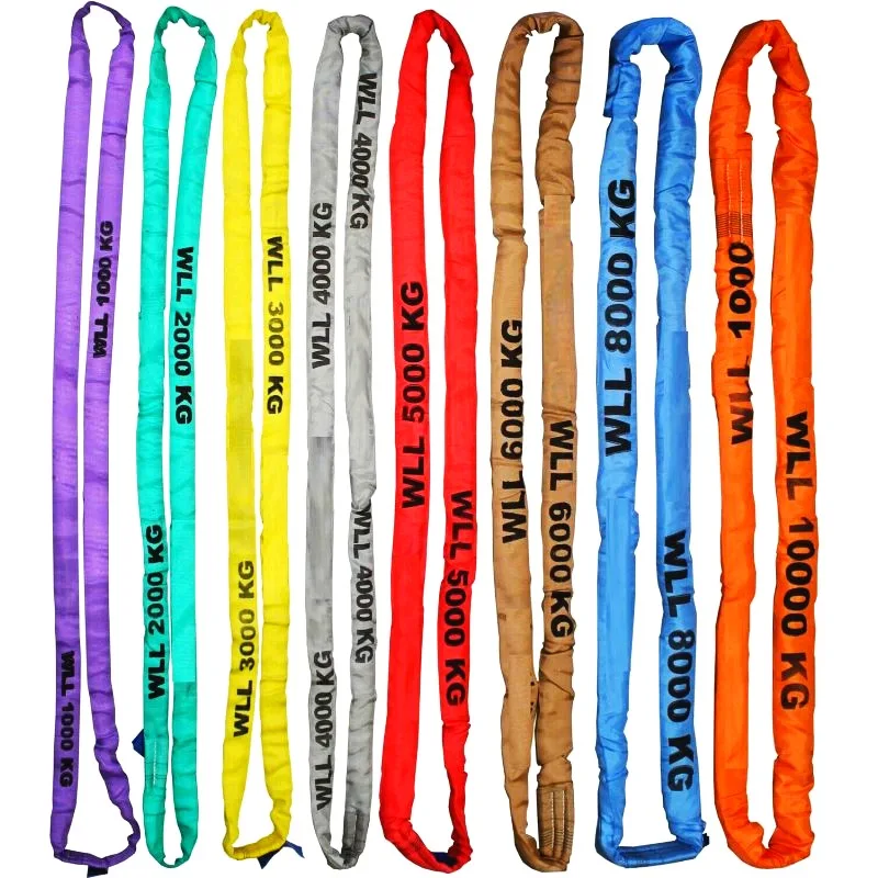 Set of seven colorful industrial lifting slings with varying weight ratings