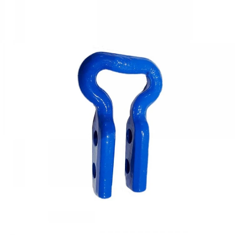 Blue painted U-shaped forged steel clevis with two mounting holes per prong, isolated on a white background