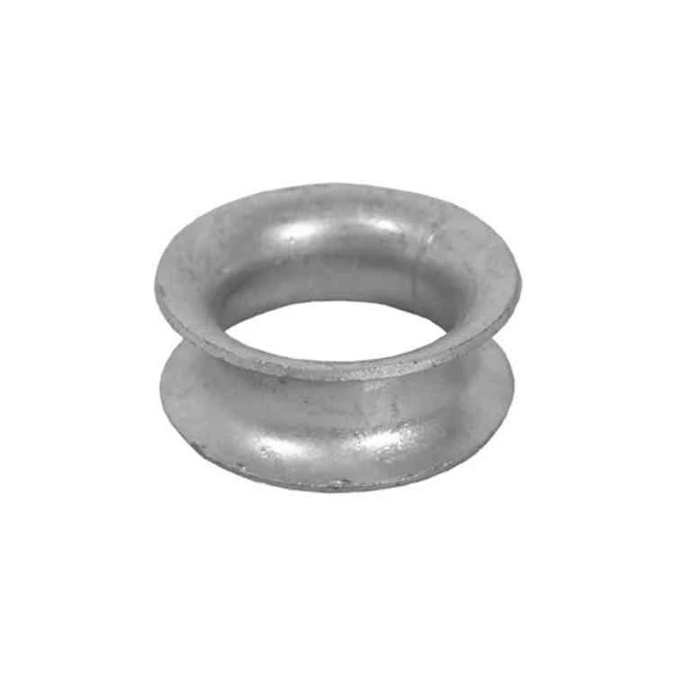 Silver metallic ring-shaped fitting with flared, curved edges photographed on a plain white background