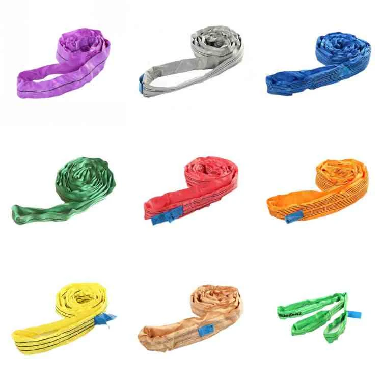 Assorted colored lifting slings arranged in a grid on a white background