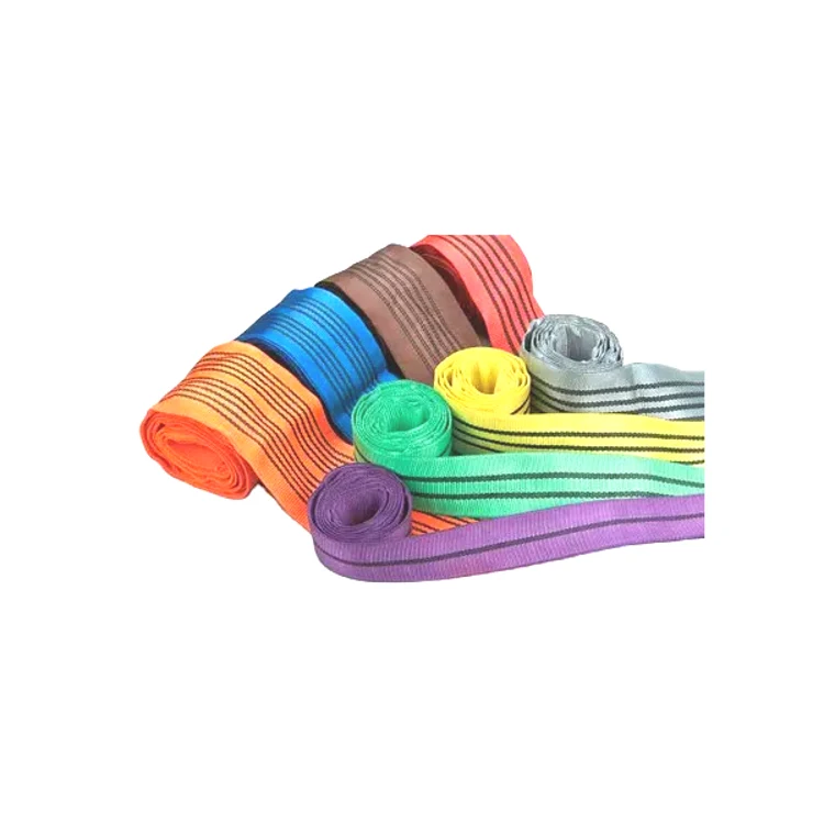 Rolls of multicoloured polyester round sling sleeves with black longitudinal stripes on a white background
