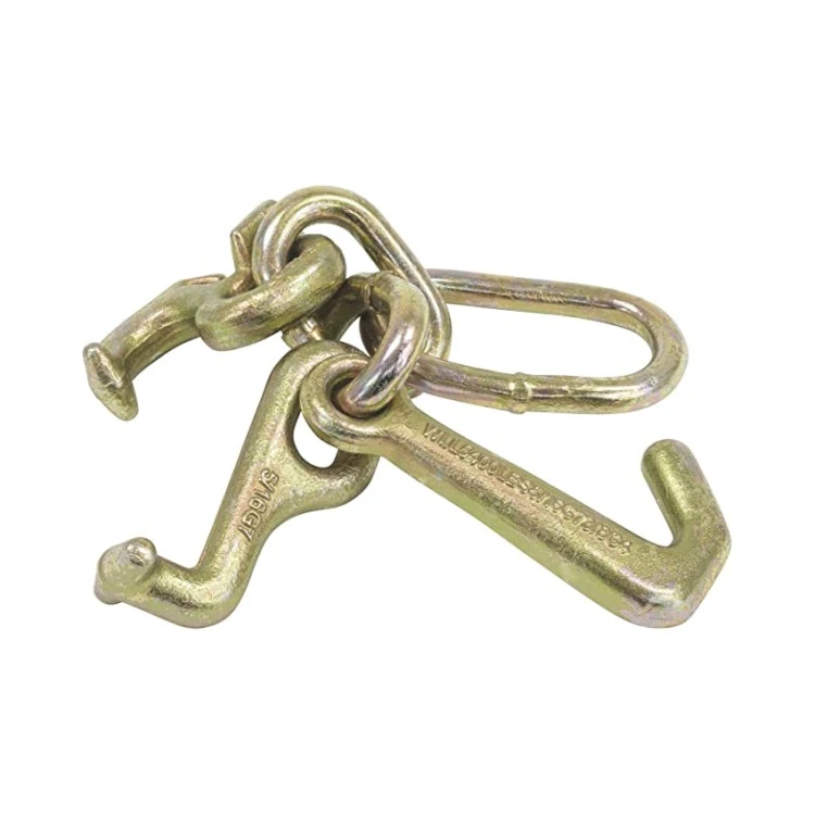 Three galvanized steel grab hooks attached to a metal ring on a white background