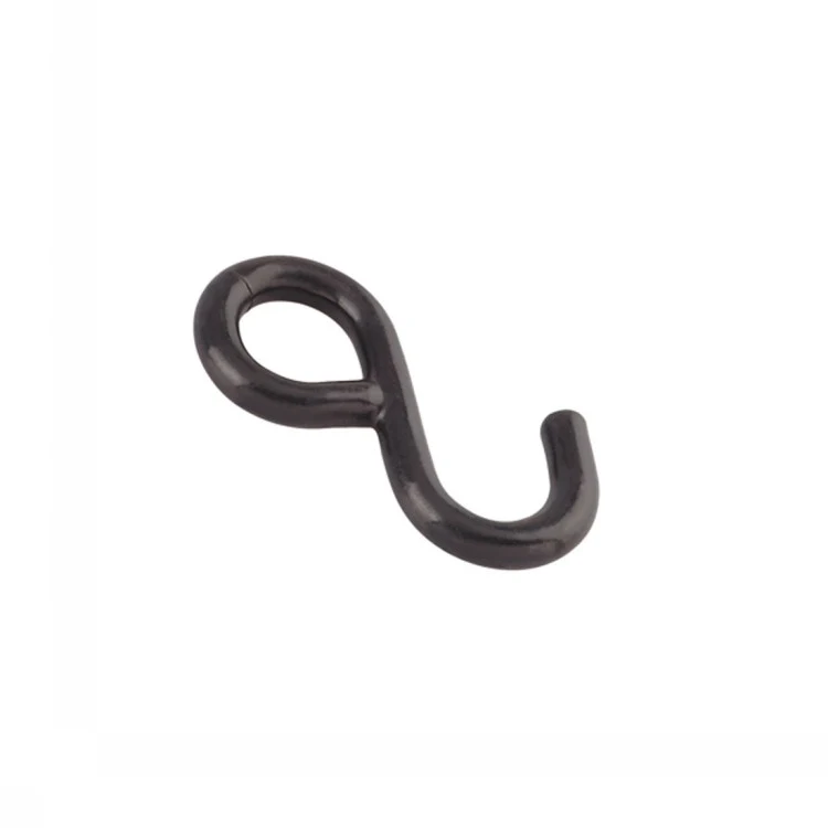 Black metal hook with a closed loop on one end and an open curl on the other, on a white background