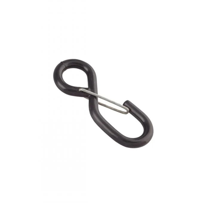 Black steel spring-gate snap hook, figure-eight shape, shown diagonally on a plain white background