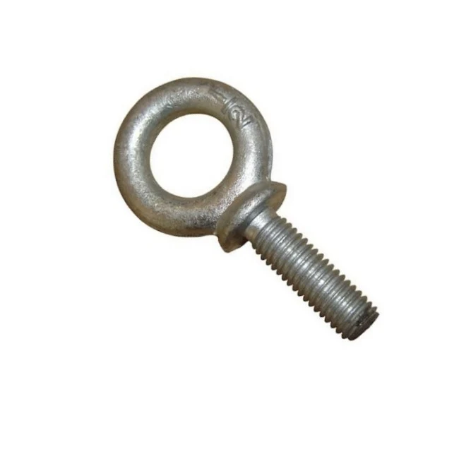 Galvanized steel eye bolt with a round eye and threaded shank on a plain white background