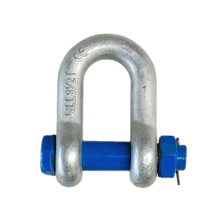 Galvanized steel bow shackle with blue bolt and nut on white background