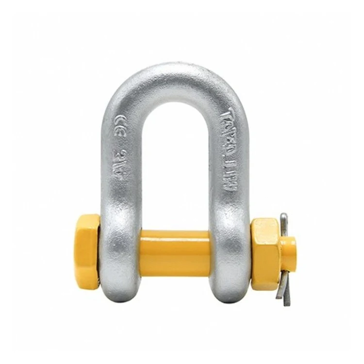 Galvanized steel bow shackle with a yellow pin and cotter on a white background