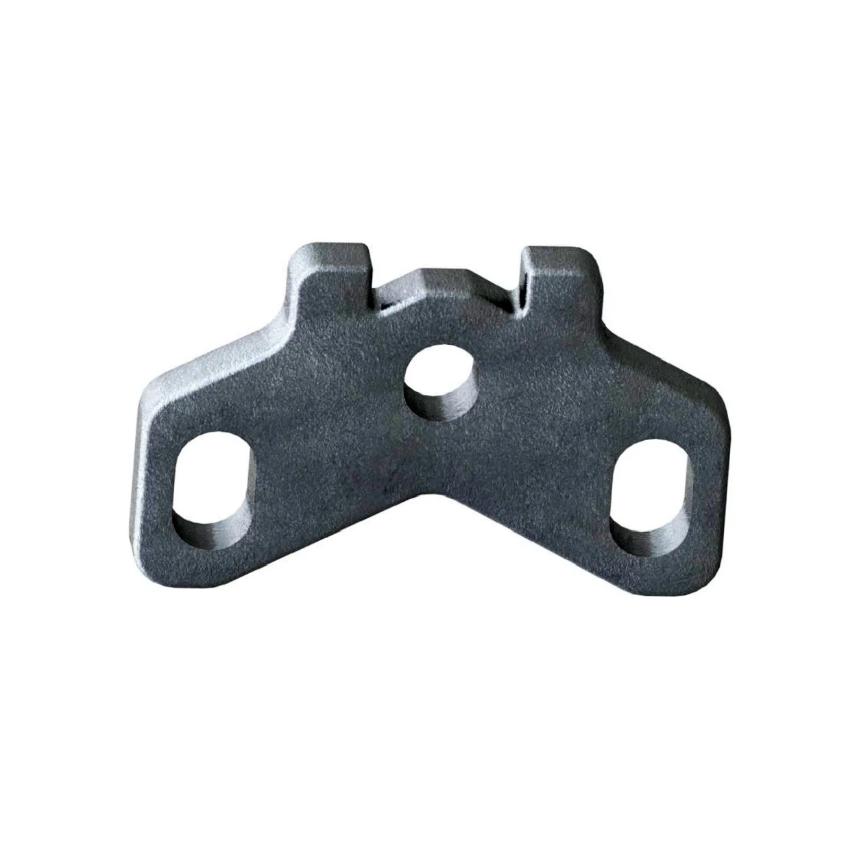 Dark gray metal mounting bracket with two elongated slots, a central round hole, and a notched top edge on a white background