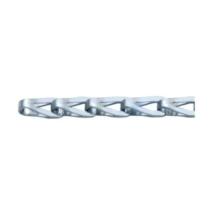 Silver flat metal link chain laid horizontally on a plain white background