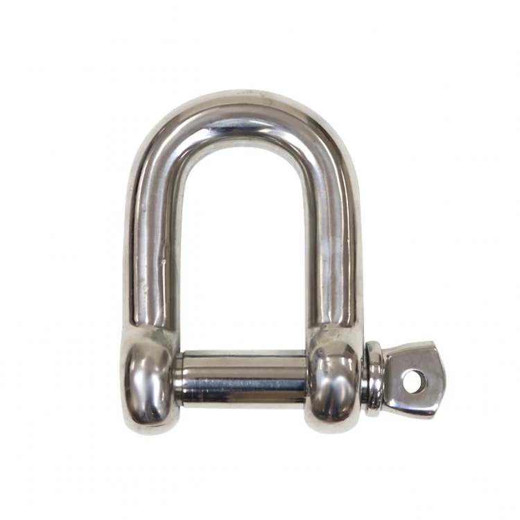 A polished stainless steel screw pin chain shackle D type on a white background