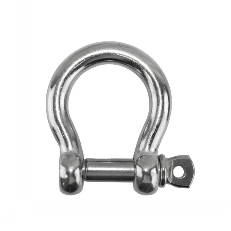 Silver bow shackle with a screw pin collar on a white background