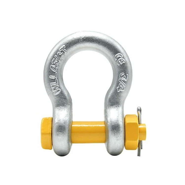 Galvanized anchor shackle with yellow bolt, nut, and cotter pin, marked 3/4, on a white background