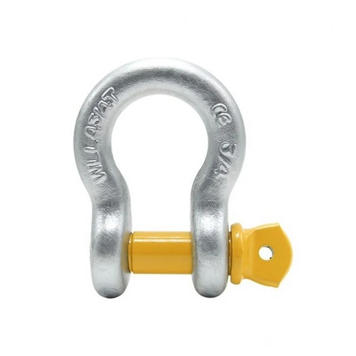 Galvanized steel bow shackle with yellow screw pin and forged WLL markings on white background