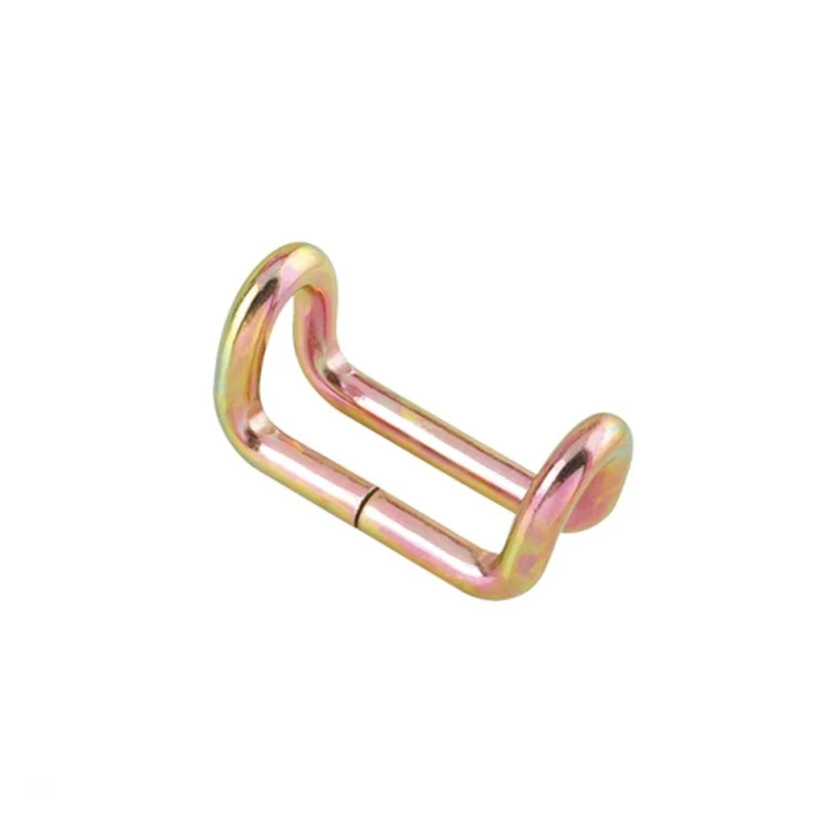 Gold zinc-plated bent steel wire form clip photographed on a plain white background