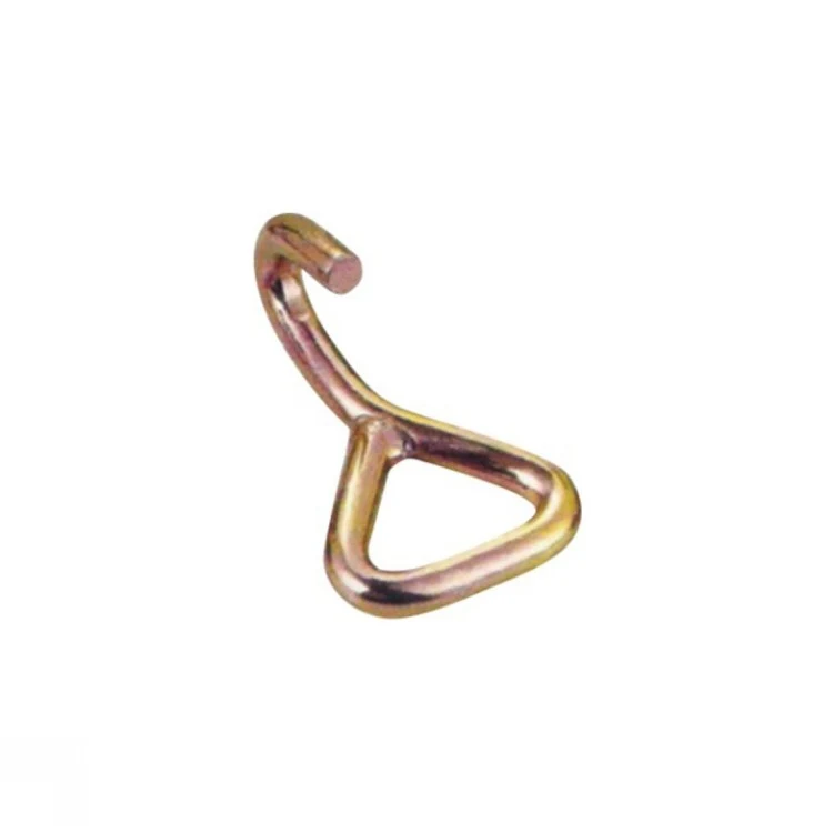 Yellow zinc-plated steel wire hook with triangular eye, isolated on a white background
