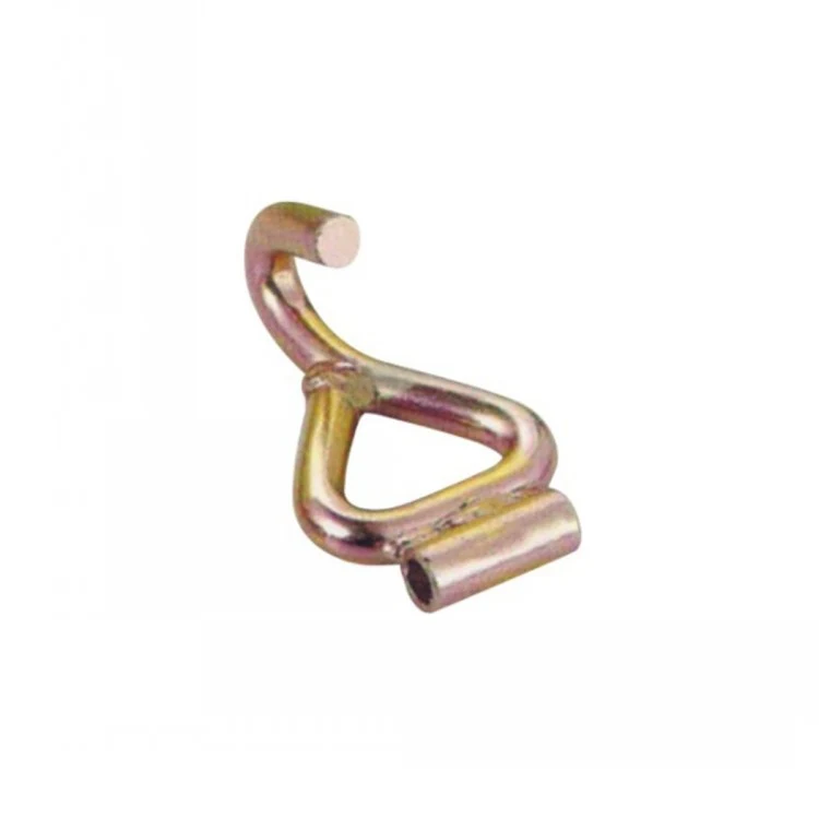 Yellow zinc-plated steel wire hook with triangular eye and cylindrical crimp sleeve, isolated on white background