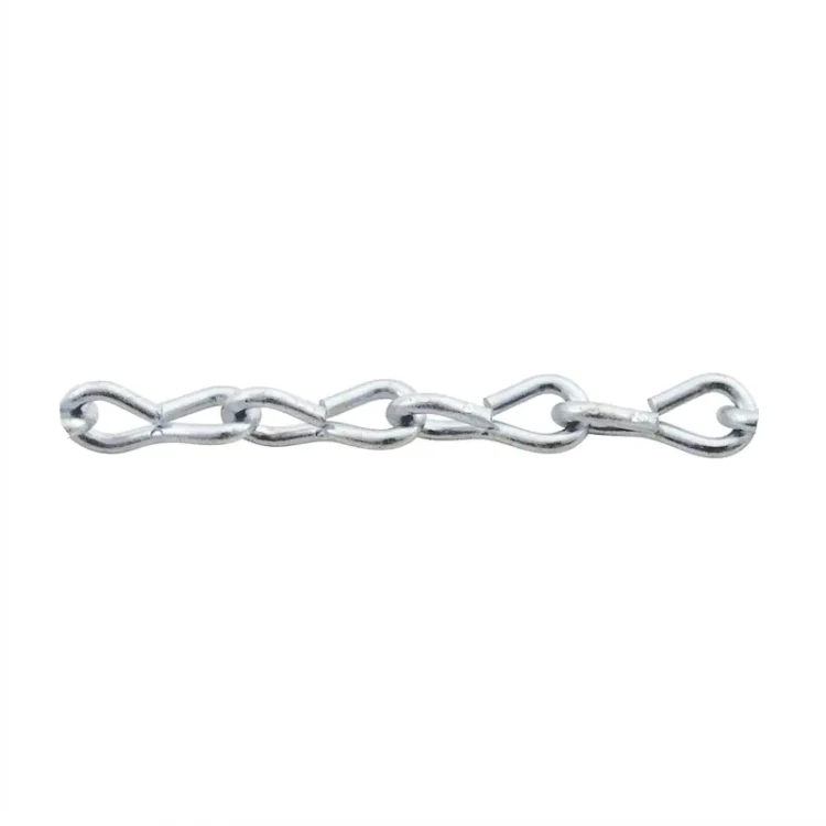 Zinc-plated single loop jack chain with interlocking looped links centered on a white background