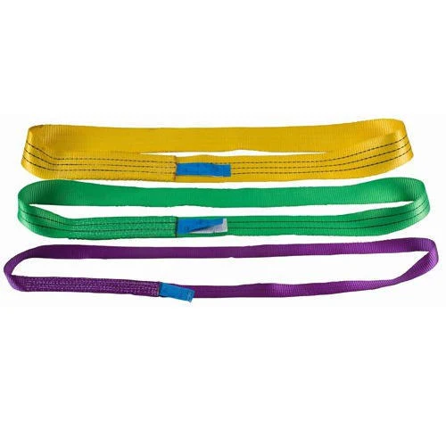 Three endless webbing slings in yellow, green, and purple with blue label patches
