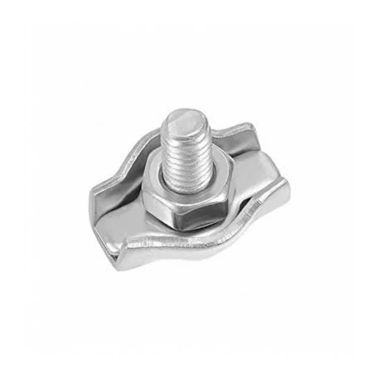 Stainless steel wire rope clip with bolt and hex nut on white background