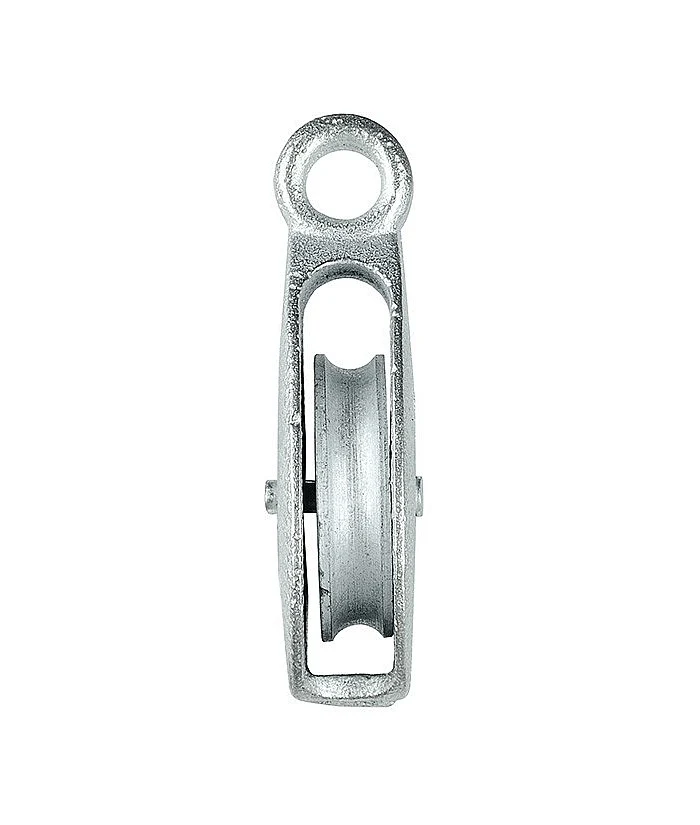 Silver single wheel awning pulley with a fixed eye, cast iron steel, on white background