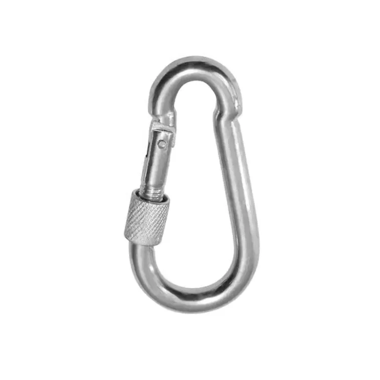 Stainless steel screw-lock carabiner clip with knurled locking sleeve, isolated on white background