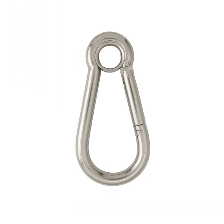 Polished metal snap hook carabiner with spring-loaded gate centered on a plain white background