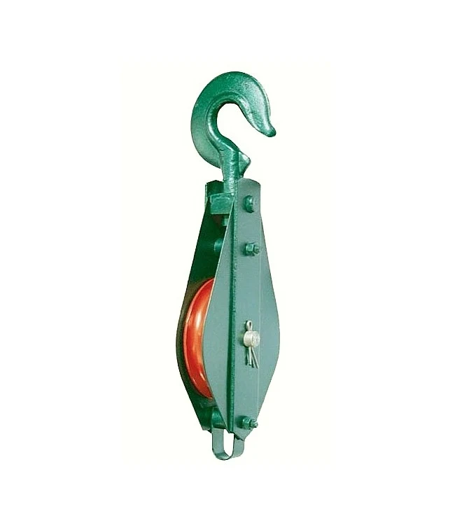 Green single-sheave pulley block with top hook and visible red wheel, photographed on a white background
