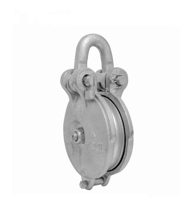 Galvanized steel wire rope pulley block with swivel shackle, shown side view on white background