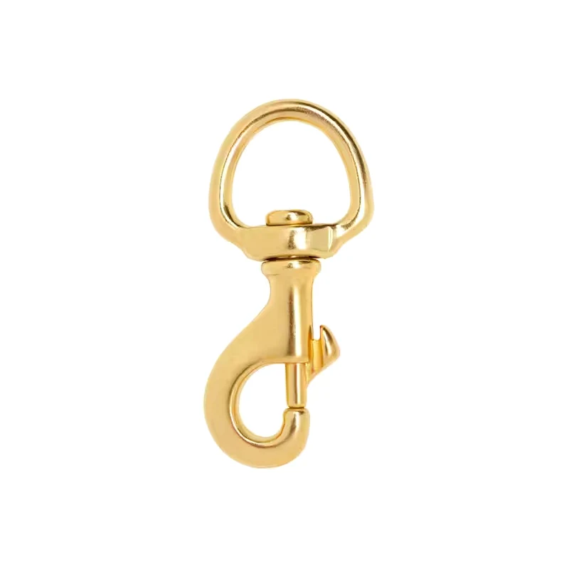 Polished brass swivel eye bolt snap hook centered on a plain white background