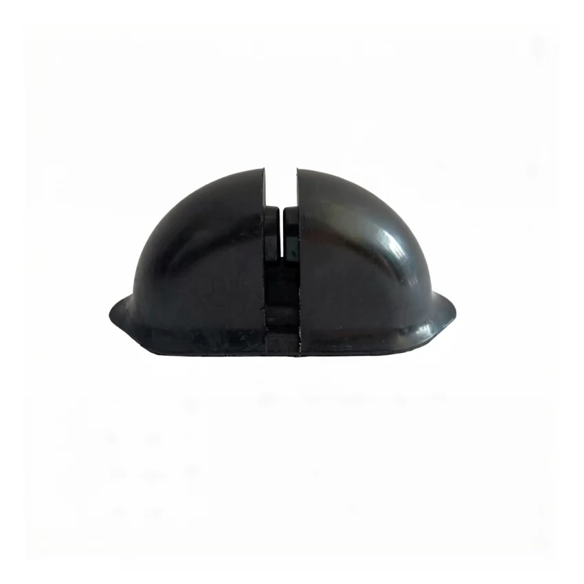 Black two-piece dome-shaped plastic clamp or grommet with a vertical split, centered on a white background