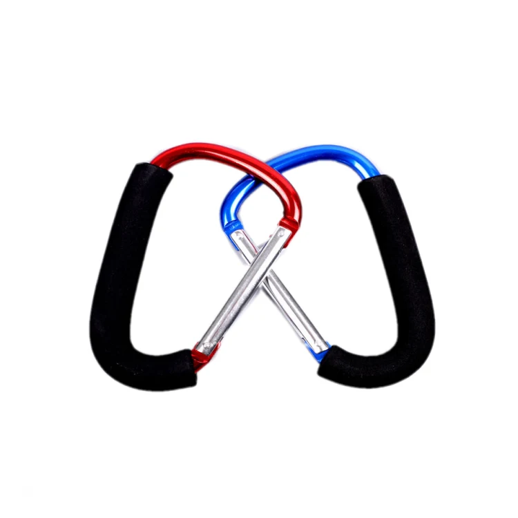 Two interlocked aluminum carabiner clips, one red and one blue, with black foam grips on a white background