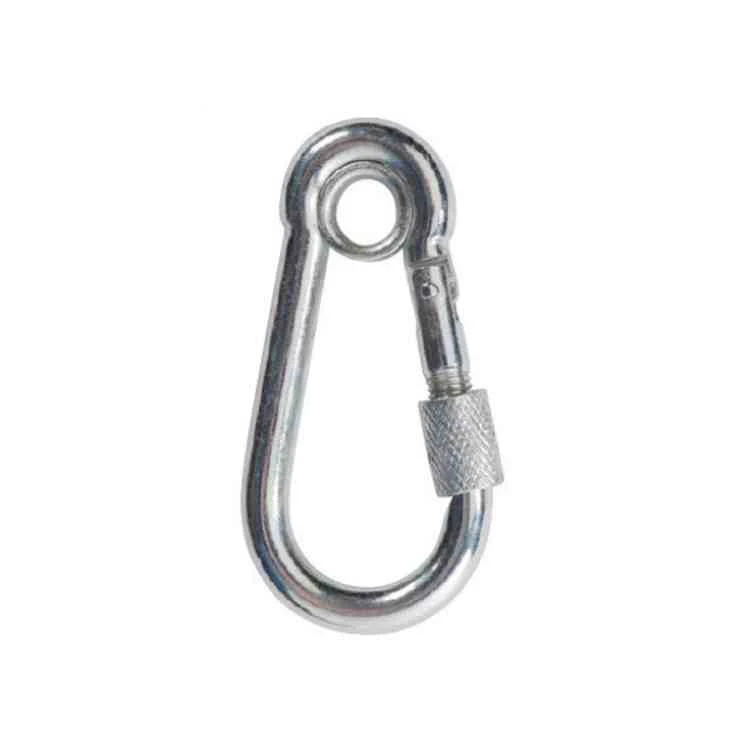 Silver carabiner with a knurled screw nut and a closed eyelet on a white background