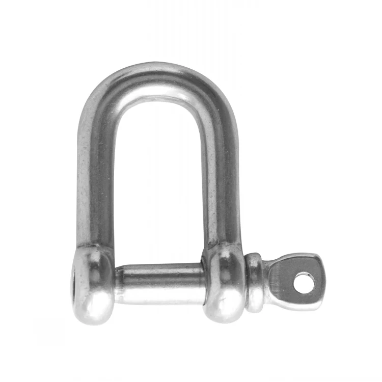 Polished stainless steel D-shackle with threaded pin and eye, isolated on a plain white background