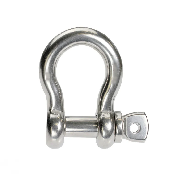 Polished stainless steel bow shackle with threaded clevis pin on a white background