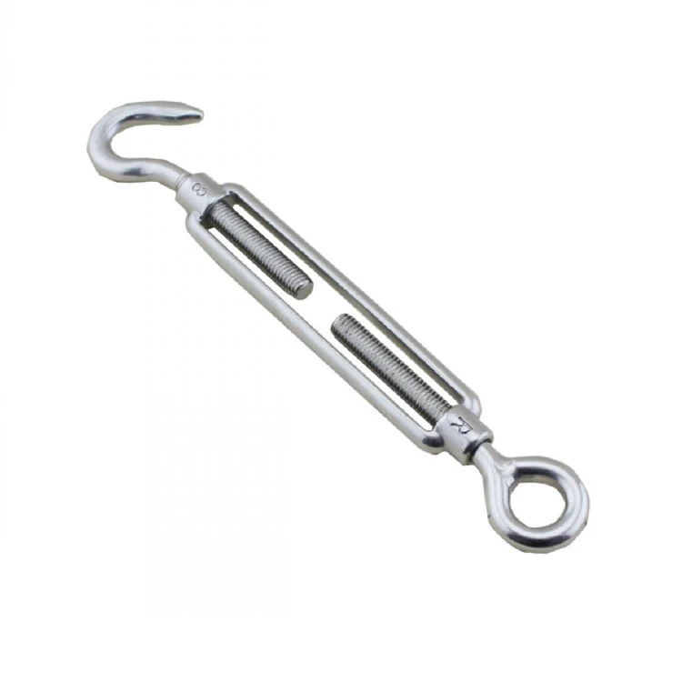 Steel turnbuckle with hook on one end and eye loop on the other, on a plain white background