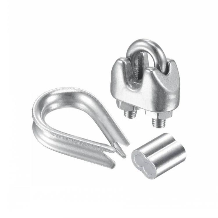 Silver wire rope thimble, U-bolt cable clamp with nuts, and cylindrical crimping sleeve on a white background