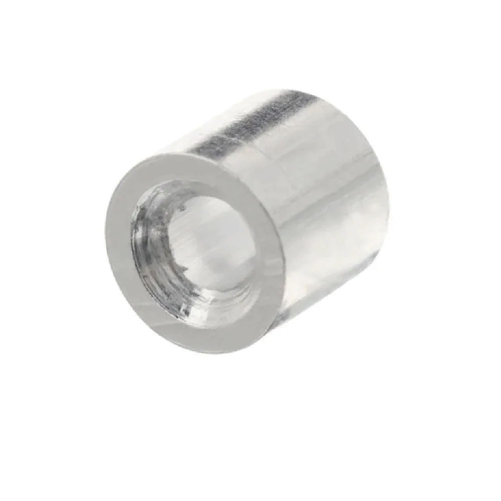 Small silver cylindrical metal threaded spacer with visible internal thread, isolated on a white background