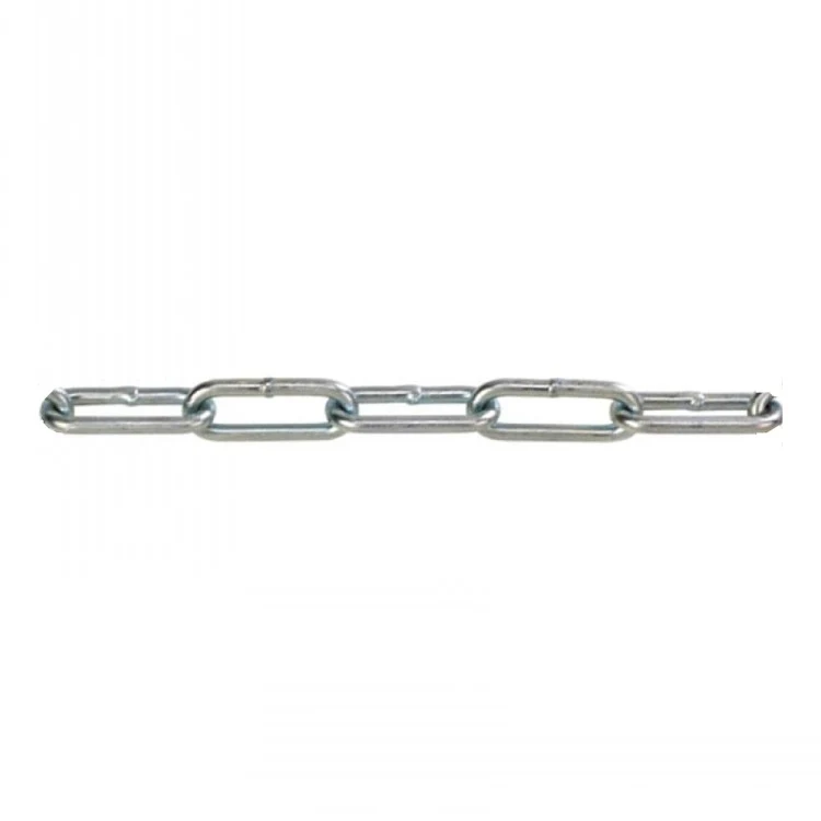 Silver steel link chain laid horizontally on a white background