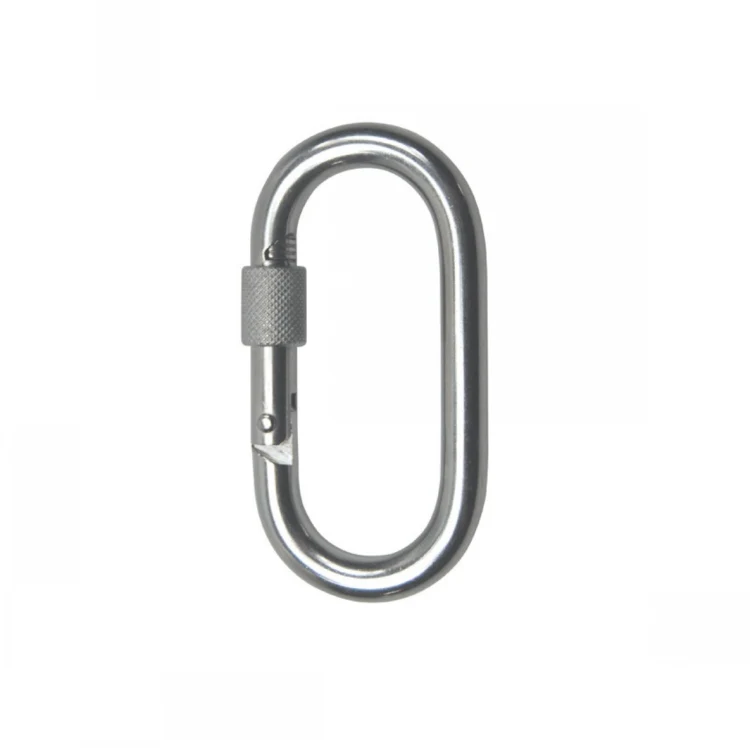 Silver metal oval carabiner with screw lock gate