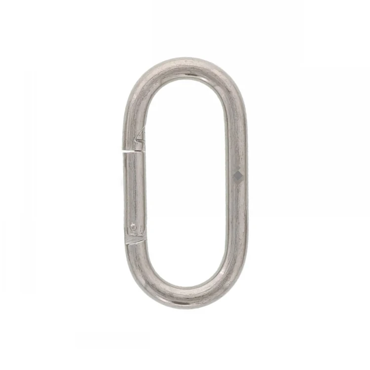 Polished steel oval link ring centered on a plain white background
