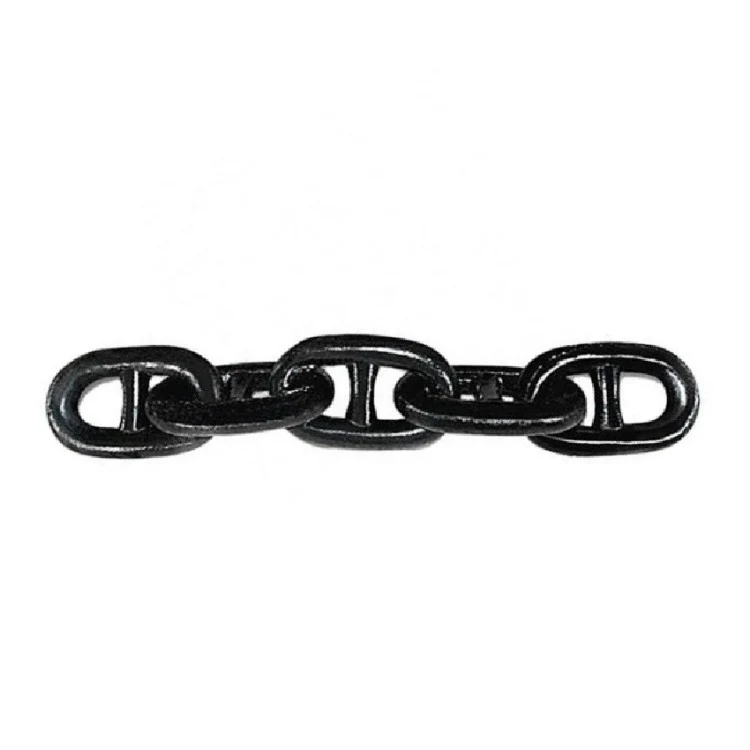 Short length of black stud-link chain with four links on a plain white background