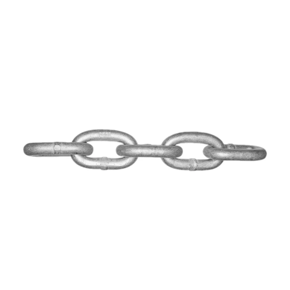Short length of galvanized steel chain with oval links isolated on a white background