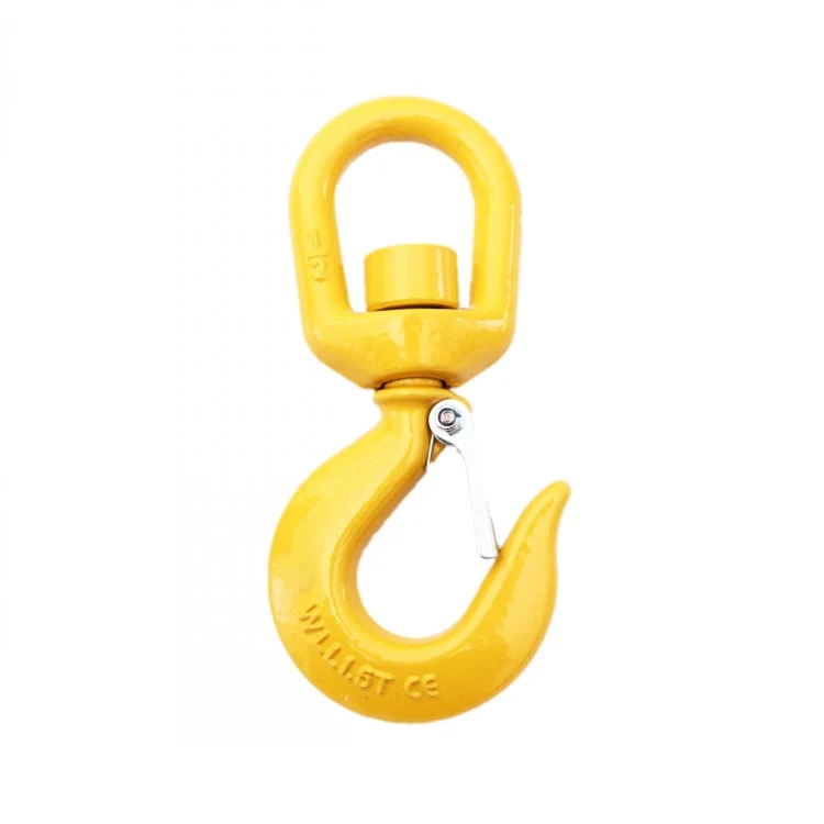 Yellow swivel lifting hook with safety latch on a white background