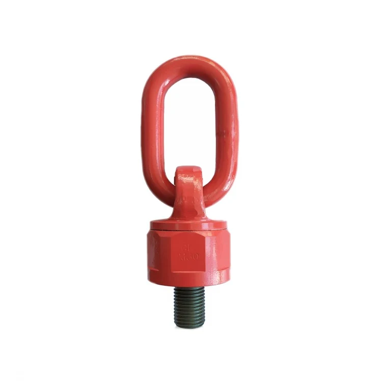 Red painted swivel hoist ring with a threaded stud base isolated on a white background