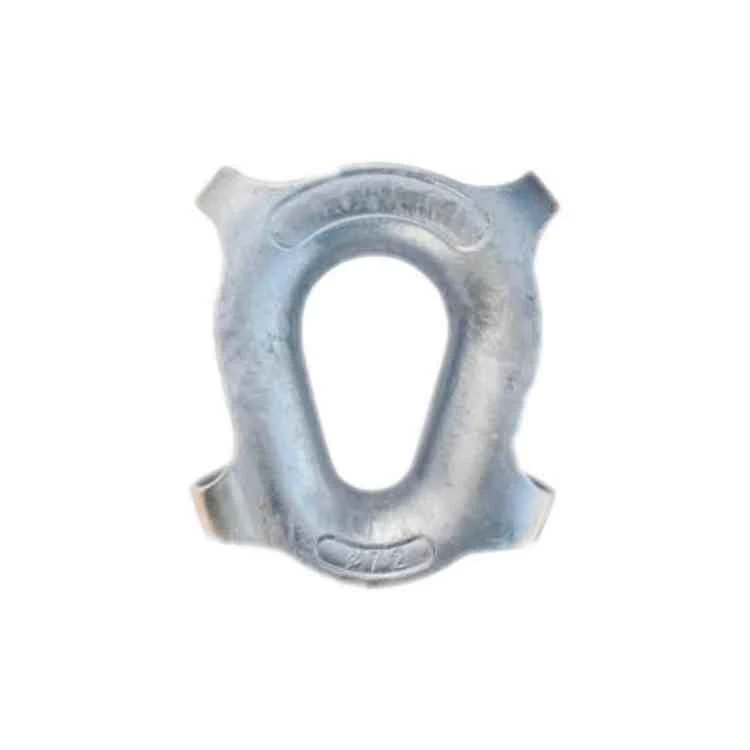 Galvanized metal thimble with a central eye and four flared corners on a white background