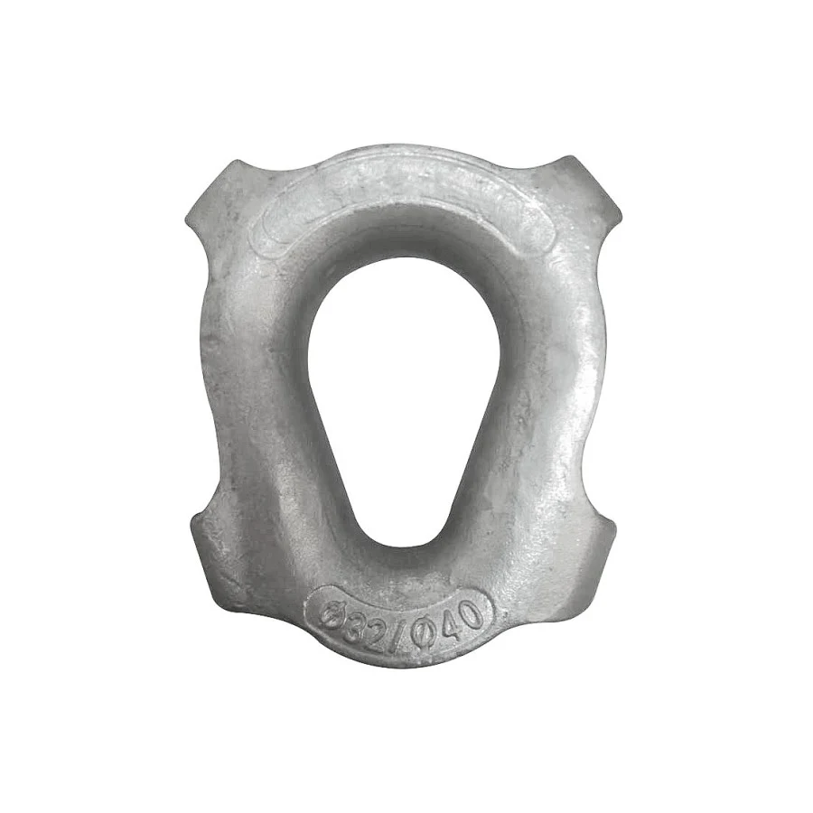 Galvanized wire rope thimble with teardrop-shaped eye on a plain white background