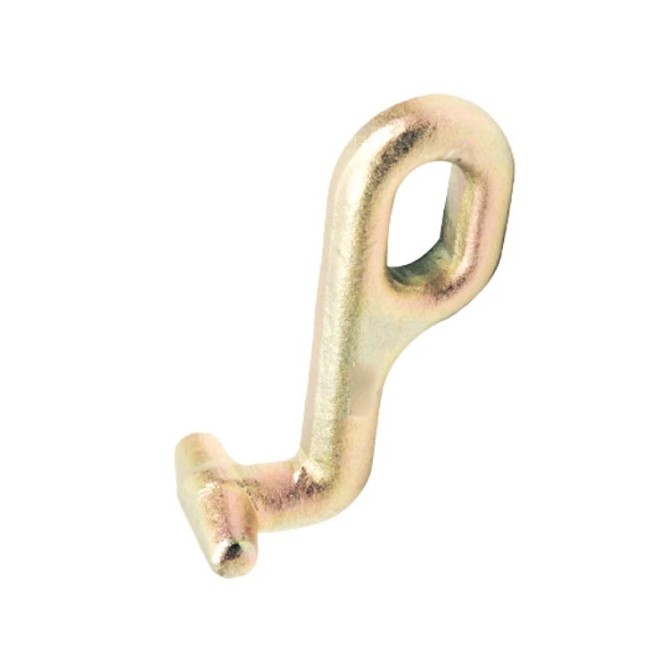 Yellow zinc-plated forged steel eye hook fitting with teardrop eye and bent base on white background