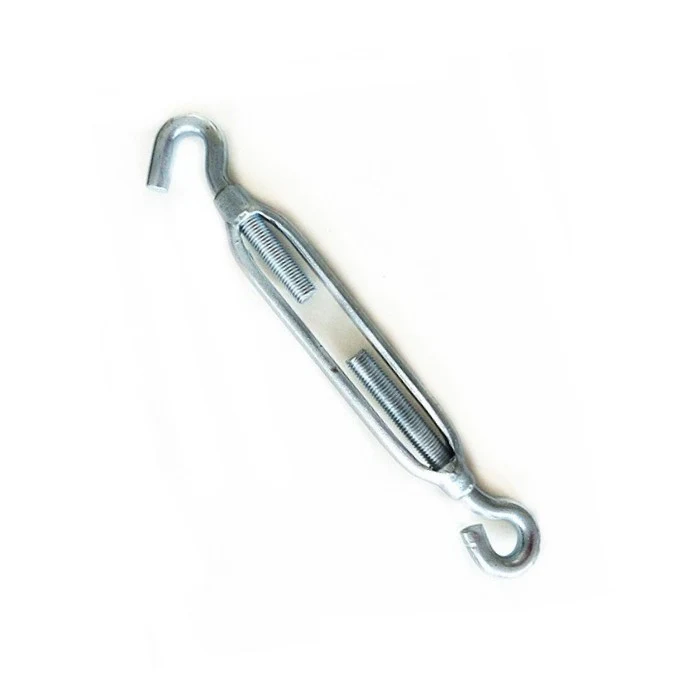 Galvanized steel hook-and-hook turnbuckle with open body and visible threaded studs on white background
